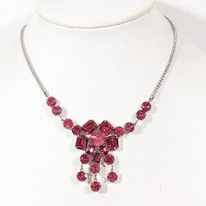 Vintage Pink Rhinestone‎ Charm Fringe Flower Statement Necklace Glam MCM 16"
